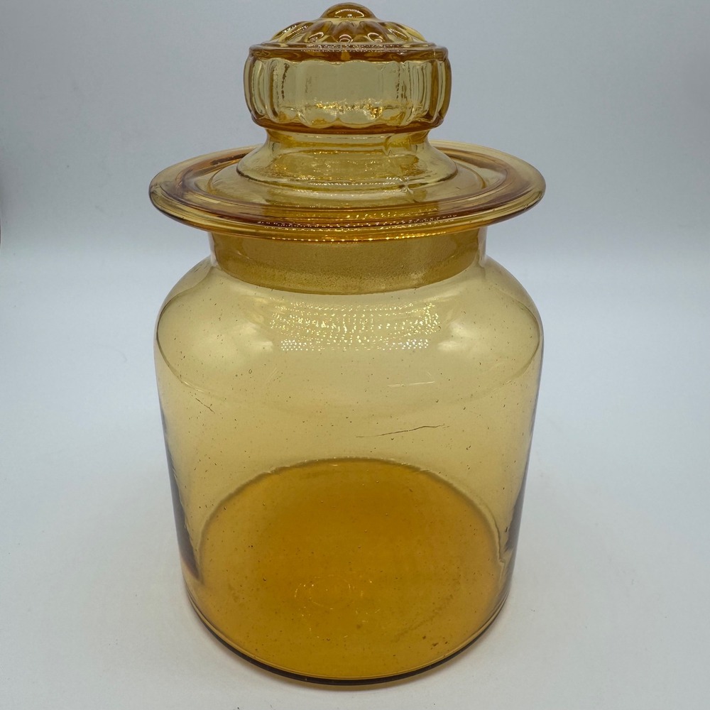 Vintage Takahashi Amber Glass Apothecary Jar Daisy Lid Hand Blown 7x4.5